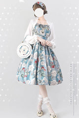 Blue/Green [Forest Basket] Sea Salt Rose Print Bowknot Chiffon Sweet Elegant Lolita Jsk Dress - Product - 2