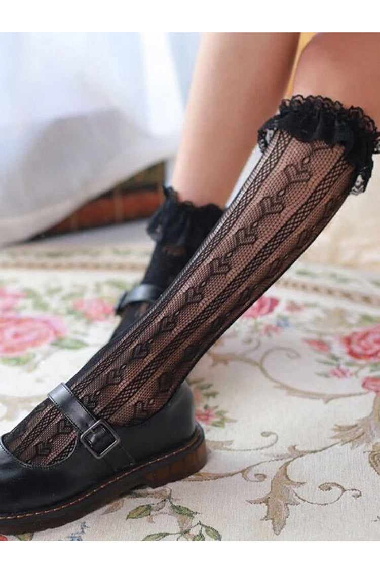 Love Heart Shape Lace Hollowed Out Middle Tube Lolita Socks - Black - 2