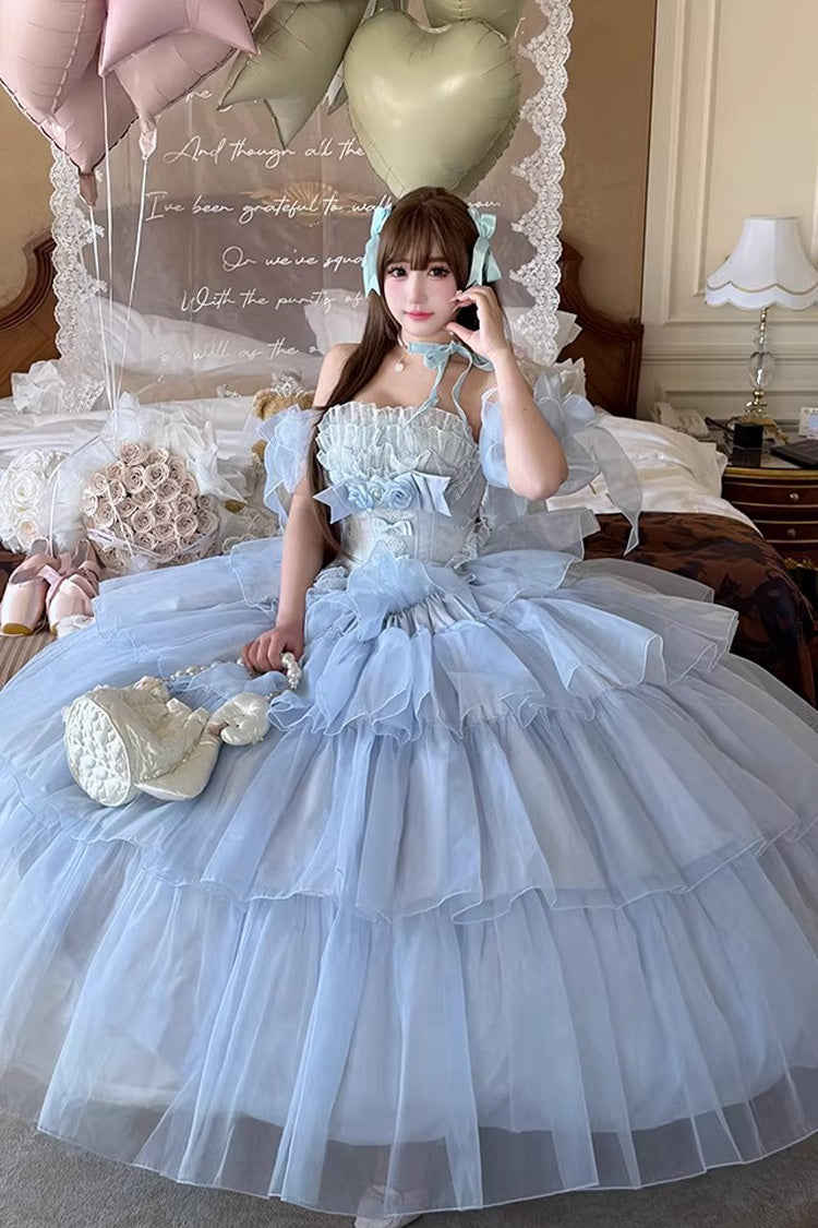 Blue [Mousse Love Song] Sleeveless Multi-Layered Ruffled Hanayome Bow Sweet Lolita Dress - Product - 6