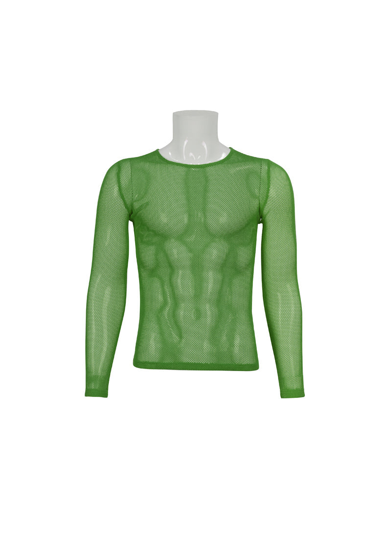 Green Elasticity High Neck Long Sleeve Mesh Men's Gothic T-Shirt - Product - 5