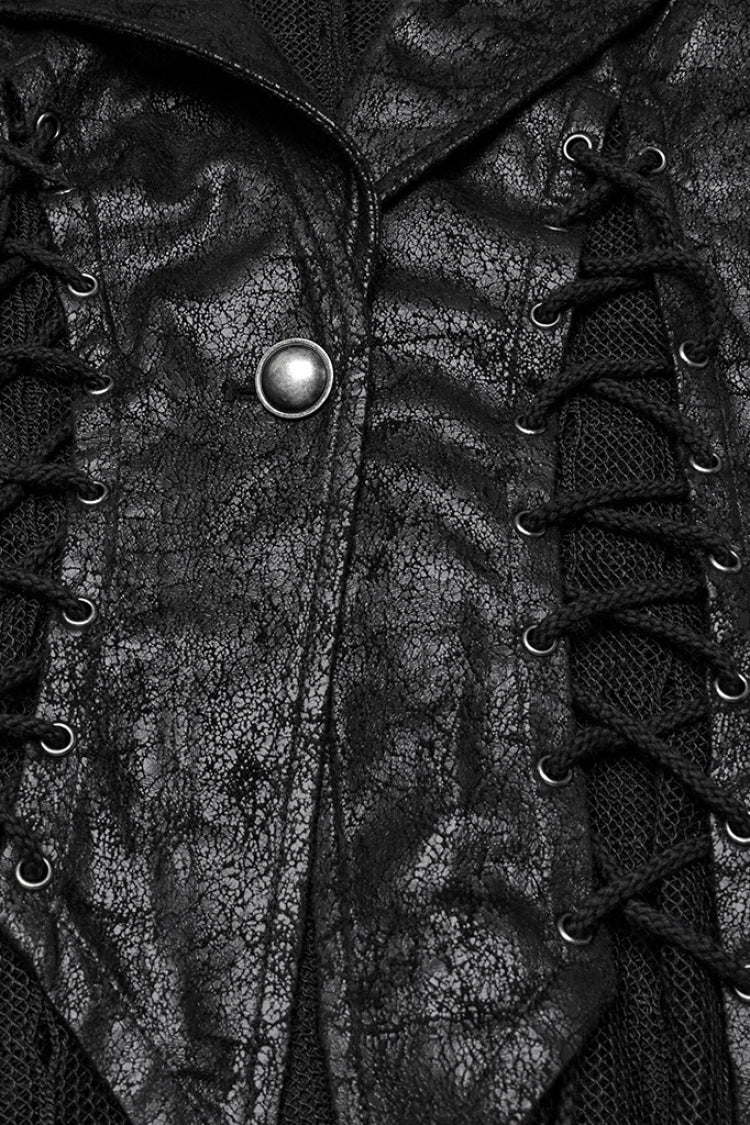 Black V Collar Sleeveless Stitching Lace-Up Irregular Mesh Women's Gothic Long Vest - Product - 5