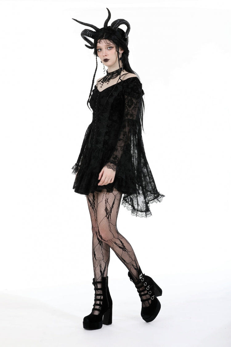 Black Off Shoulder Long Trumpet Sleeves Velvet Spliced Mesh Women's Gothic Graduation Dress - Product - 2