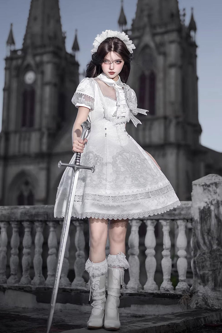 White Lapel Collar Short Sleeves Printed Ruffled Lace Classic Gothic Elegant Lolita Dress - Product - 12