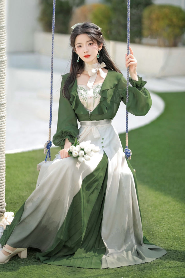 Green/White Dance igh Waisted Chinese Style Hanfu Dress Set - Product - 5