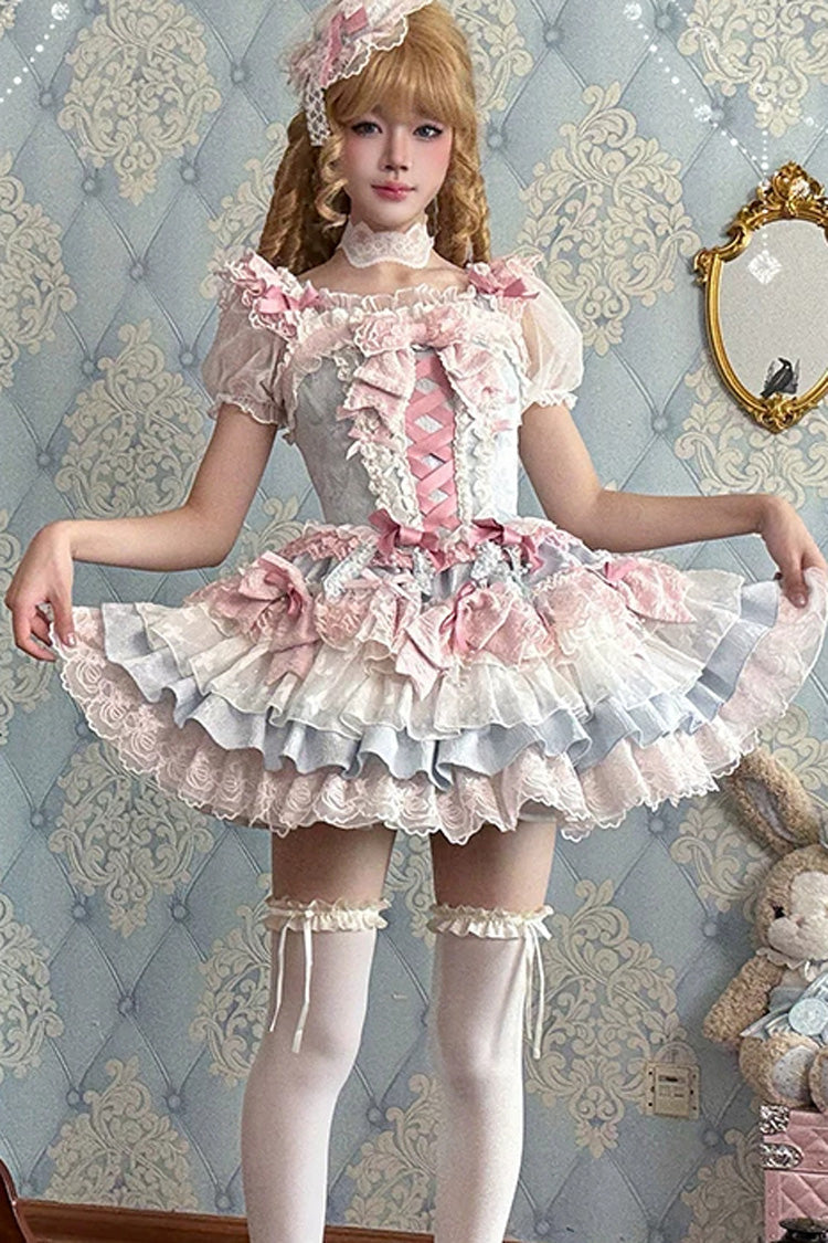 Blue/Pink [Honey Sweet Tart] Square Collar Sleeveless Multi-Layered Jacquard Ruffled Bow Lace Lace-Up Lolita Jsk Dress - Product - 16