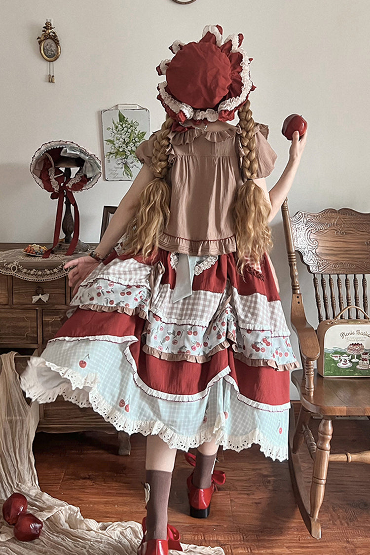 Multi-Color Cherry Print Short Sleeves Multi-Layered Ruffle Embroidery Sweet (Dress Only) detail view 6