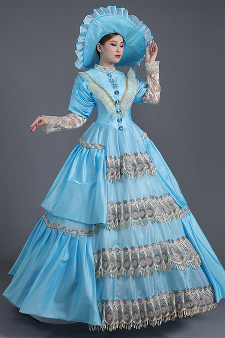 Blue High Waisted Lace Stitching Hollow Embroidery Floral Print Victorian Lolita Prom Dress - Product - 2