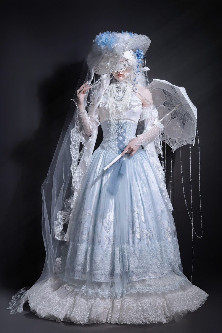 Blue [Snow Lily] Print Ruffle Hanayome Embroidery Bowknot Lace-Up Sweet Elegant Princess Lolita Skirt Set - Product - 2