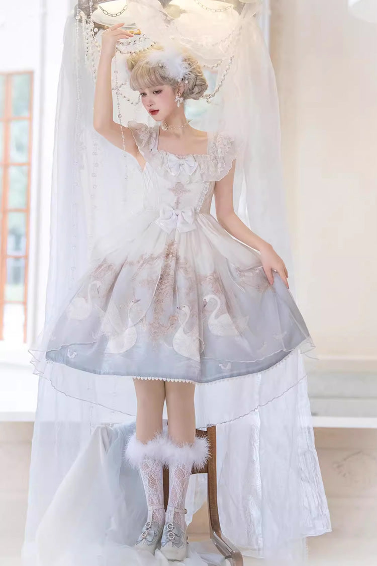 White/Blue [Flower and Letter] Swan Lake Print Ruffle Bowknot Elegant Lolita Jsk Dress - Product - 3