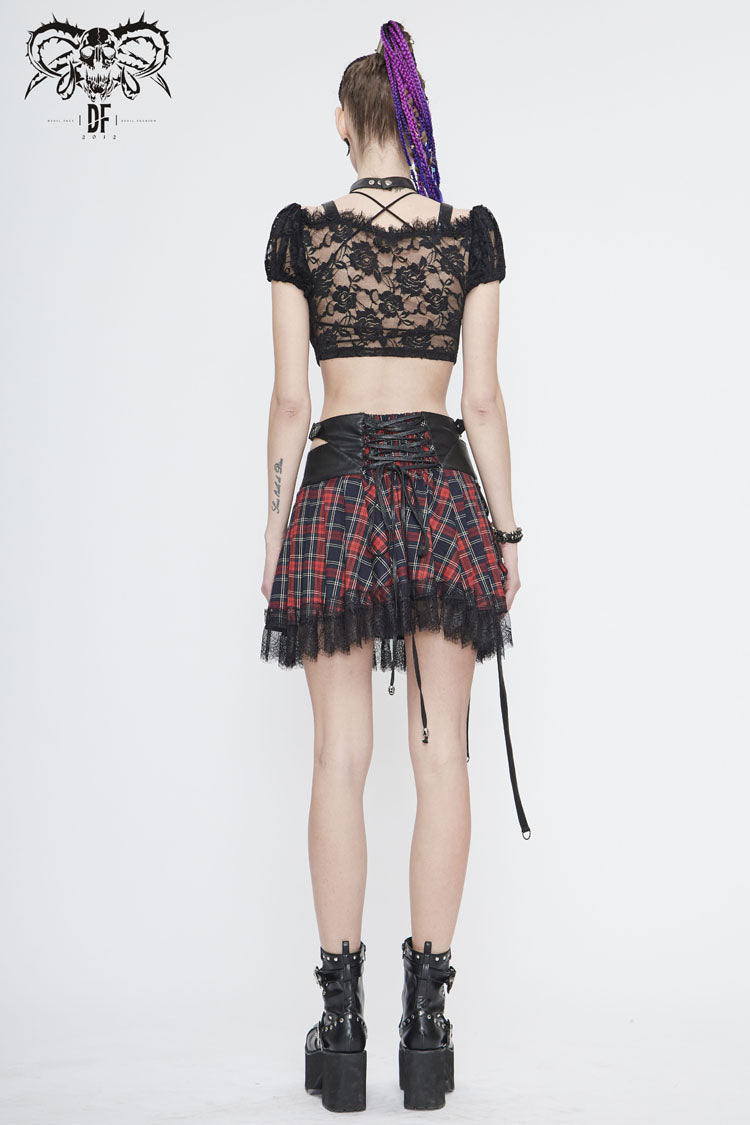 Black/Red Scottish Plaid Off Shoulder Bright Leather Straps Lace Up Lace Women's Punk T-Shirt - Product - 5