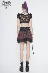 Black/Red Scottish Plaid Off Shoulder Bright Leather Straps Lace Up Lace Women's Punk T-Shirt - Product - 5
