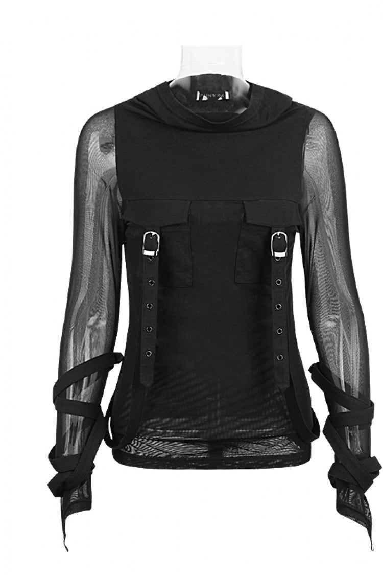 Black Long Sleeves Hooded Sheer Mesh Straps Women's Punk Coat - Product - 4