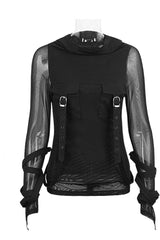 Black Long Sleeves Hooded Sheer Mesh Straps Women's Punk Coat - Product - 4