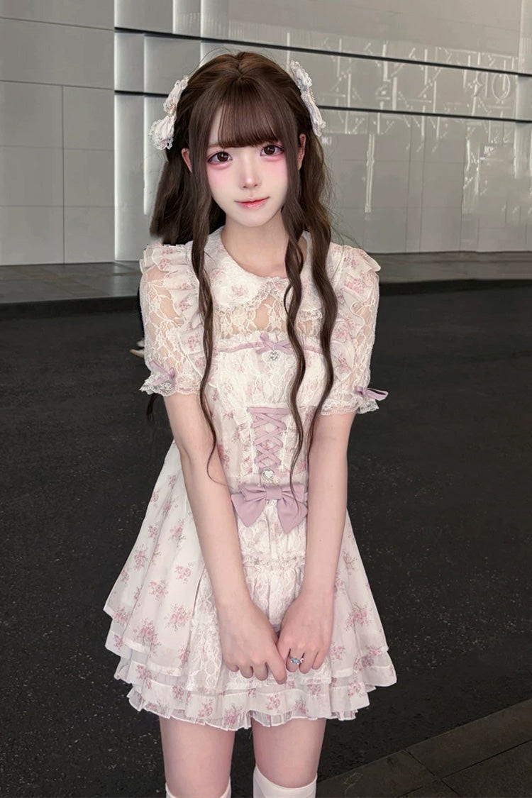 [Rose Letter] Peter Pan Collar Short Sleeves Double-Layered Printed Ruffled Open-Front Lace-Up Sweet Jirai Kei Dress Set 2 Colors - Pink/White - 1