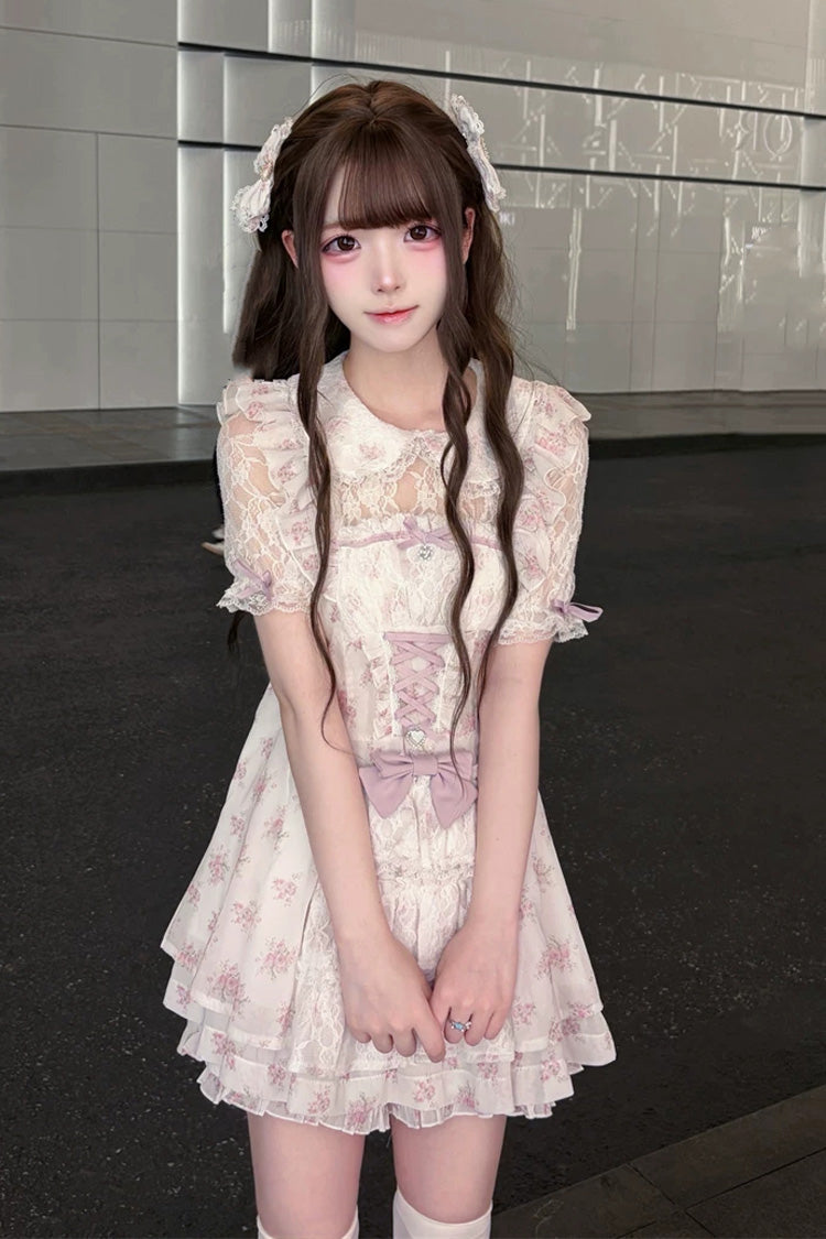 [Rose Letter] Peter Pan Collar Short Sleeves Double-Layered Printed Ruffled Open-Front Lace-Up Sweet Jirai Kei Dress Set 2 Colors - Pink/White - 1
