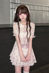 [Rose Letter] Peter Pan Collar Short Sleeves Double-Layered Printed Ruffled Open-Front Lace-Up Sweet Jirai Kei Dress Set 2 Colors - Pink/White - 1