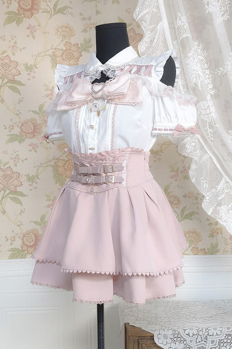 White/Pink Lapel Collar Short Sleeves Double-Layered Ruffle Bowknot Sweet Jirai Kei Set - Product - 4