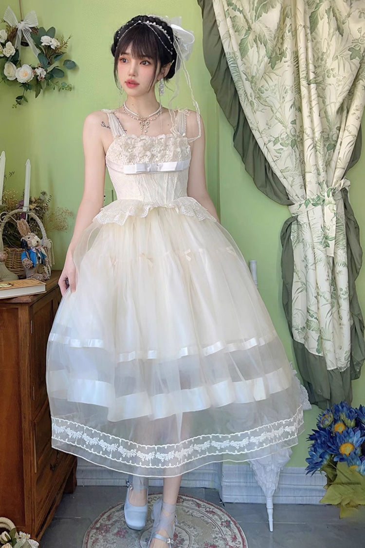 Ivory [Swan Castle] Ruffle Bowknot Lace Sweet Elegant Gorgeous Lolita Jsk Long Dress - Product - 10