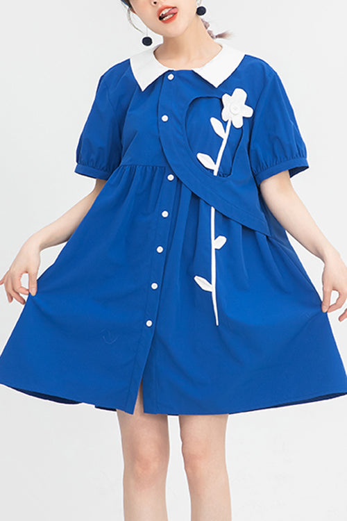 Blue Lapel Collar Short Sleeve High Waist Single Breasted Sweet Lolita Dress - Blue - 1