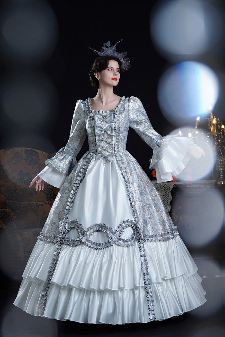 Blue Square Collar Long Trumpet Sleeves Double-Layered Ruffled Embroidered Open-Front Bow Classic Vintage Palace Lolita Victorian Dress - Product - 5