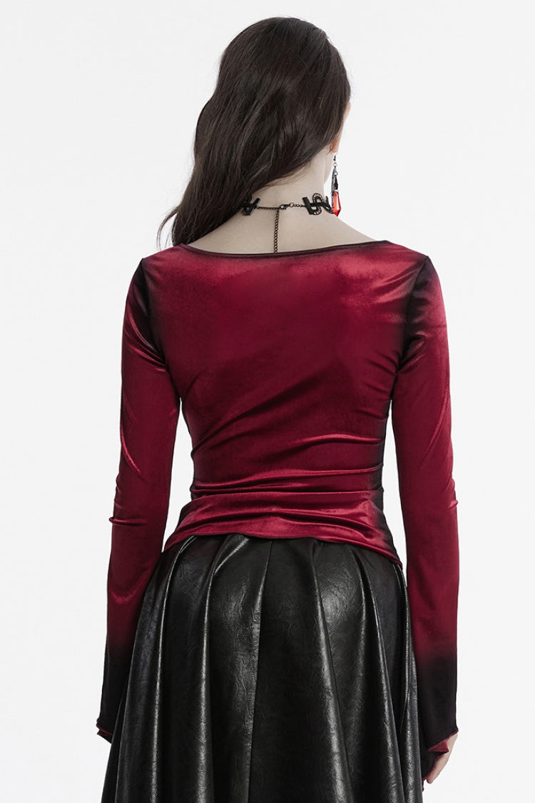 Red Long Sleeves Gradient Irregular Women's Gothic Blouse - Product - 3