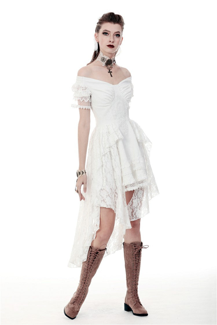 White Off Shoulder Lace Short Sleeves Lace-Up Women's Steampunk Luxurious Wedding Graduation Dress - Product - 9