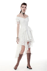 White Off Shoulder Lace Short Sleeves Lace-Up Women's Steampunk Luxurious Wedding Graduation Dress - Product - 9