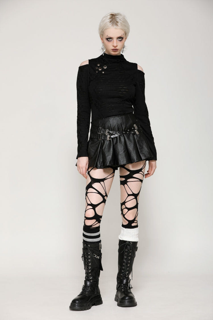 Black Long Sleeves Cut-Out Ripped Zippered Eyelets Women's Punk Distressed Top - Product - 8
