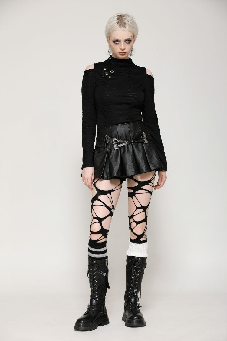 Black Long Sleeves Cut-Out Ripped Zippered Eyelets Women's Punk Distressed Top - Product - 8