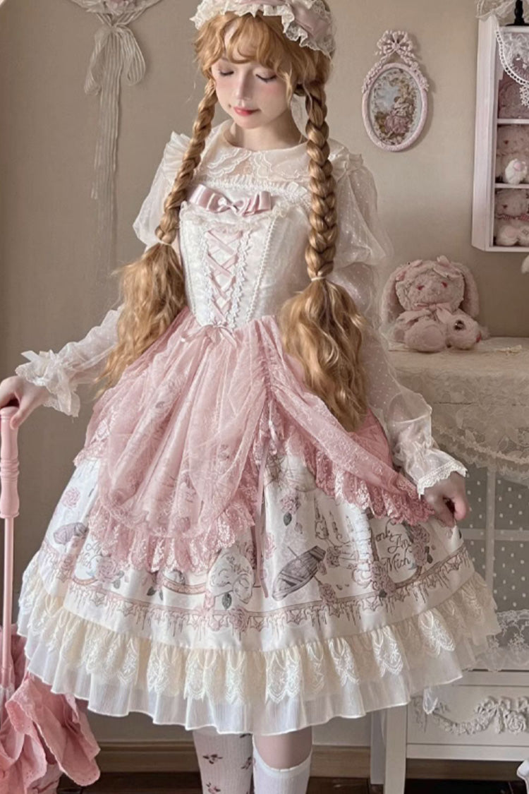 Apricot Sleeveless Rose Prologue Print Ruffle Bowknot Sweet Elegant Princess Lolita Jsk Dress - Product - 5