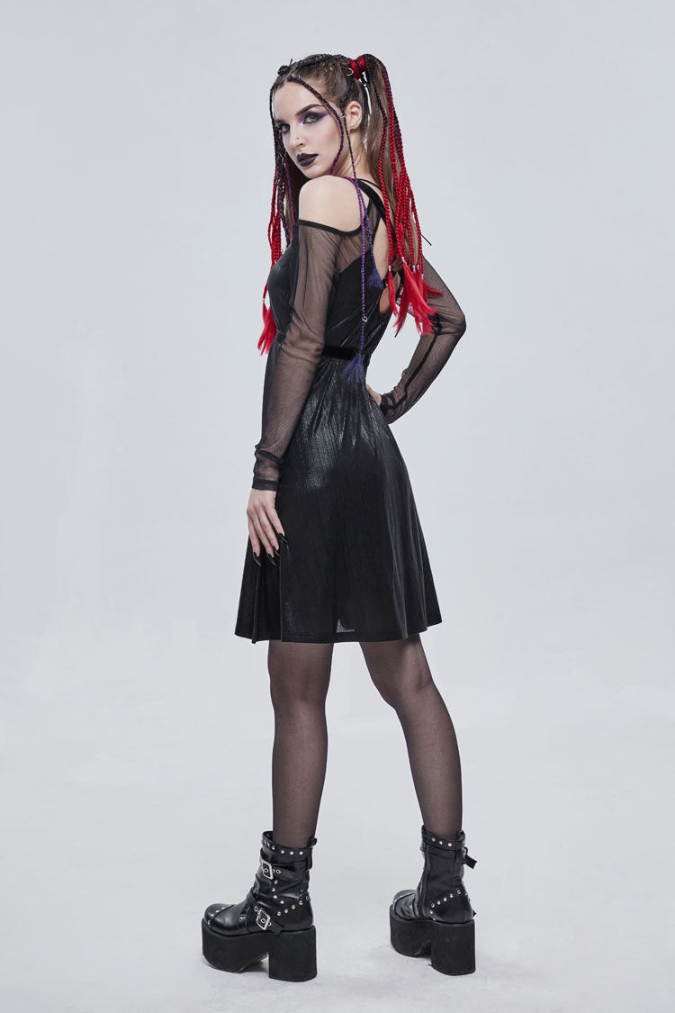 Black Stretch Knit Patchwork Fine Mesh V Neck Cross Tie Metal Pentagram Buckle Strap Women's Punk Dress - Product - 6