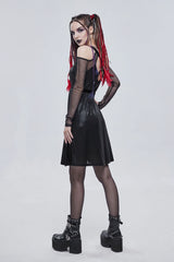 Black Stretch Knit Patchwork Fine Mesh V Neck Cross Tie Metal Pentagram Buckle Strap Women's Punk Dress - Product - 6