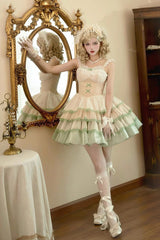 Ivory/Green Glass Dream Multi-layer Ruffle Fish Bone Sweet Lolita Jsk Dress - Product - 2
