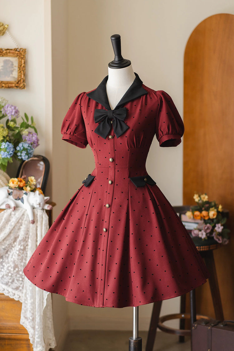 Red [Forest Boulotty] Lapel Collar Short Sleeves Heart-Shaped Polka Dot Printed Bow Sweet Lolita Dress - Red - 1