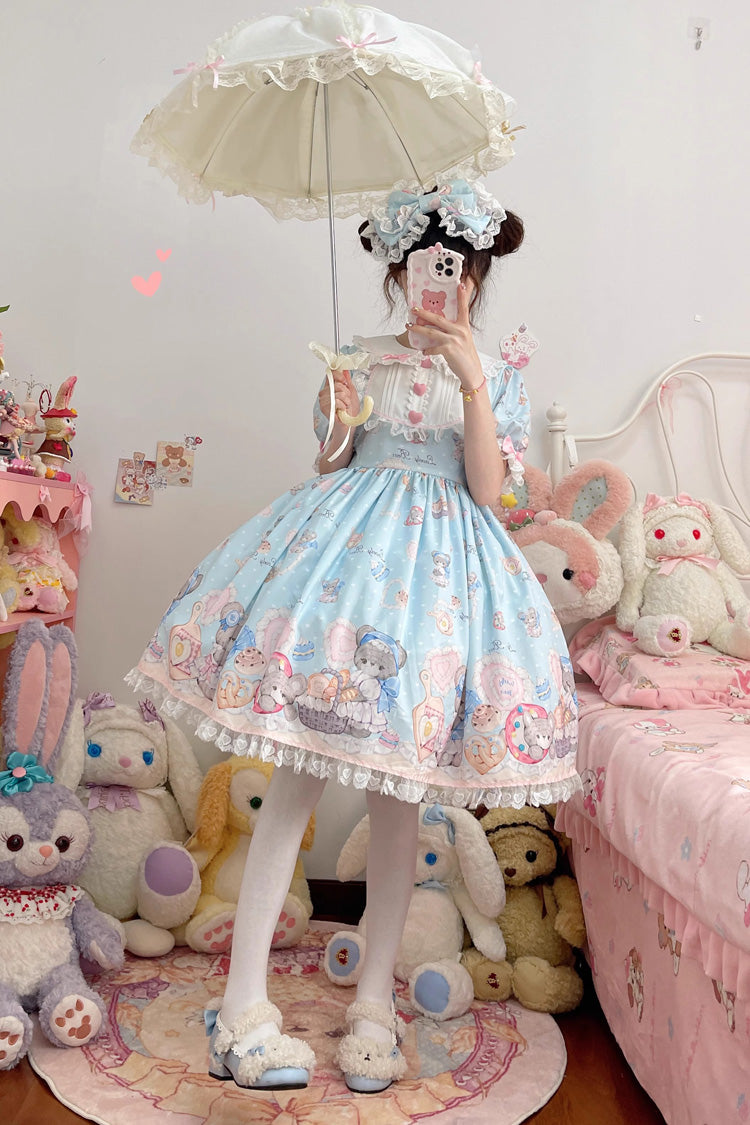 Blue Short Sleeves Baked Bear Print Ruffle Sweet (Dress Only) detail view 3