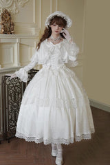 White [Cherish] Long Trumpet Sleeves Ruffle Hanayome Bowknot Lace-Up Sweet Lolita Dress - White - 1