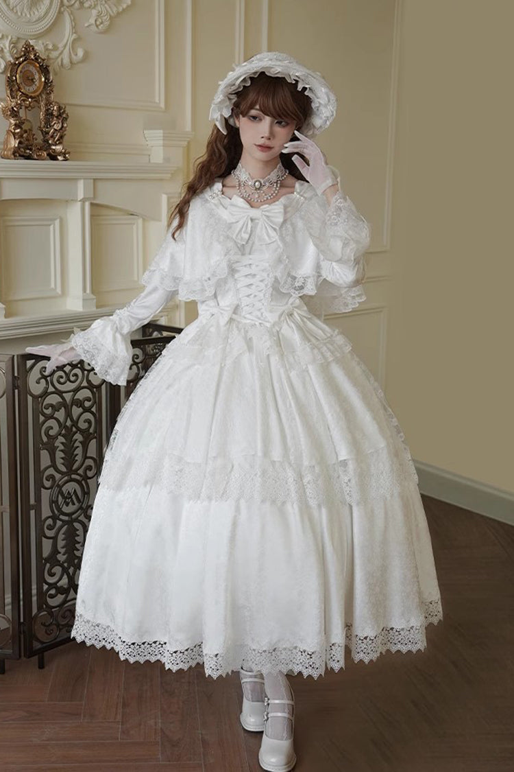 White [Cherish] Long Trumpet Sleeves Ruffle Hanayome Bowknot Lace-Up Sweet Lolita Dress - White - 1