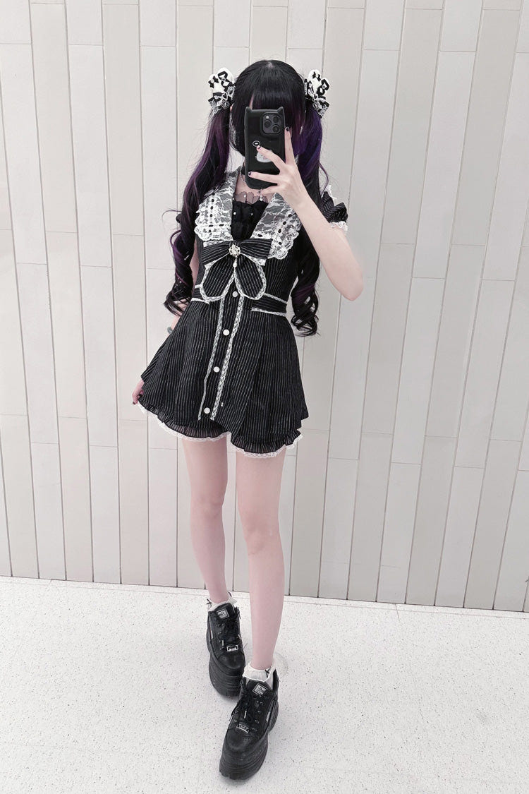 Black [Serenade] Short Sleeves Ruffle Bowknot Lace Sweet Jirai Kei Dress Set - Product - 2