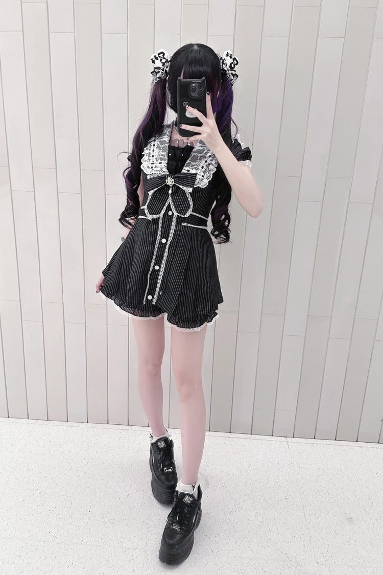 Black [Serenade] Short Sleeves Ruffle Bowknot Lace Sweet Jirai Kei Dress Set - Product - 2