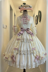 Ivory [Lilica Garden] Lapel Collar Short Trumpet Sleeves Ruffled Open-Front Bow Lace Sweet Elegant Luxurious Lolita Dress - Product - 9