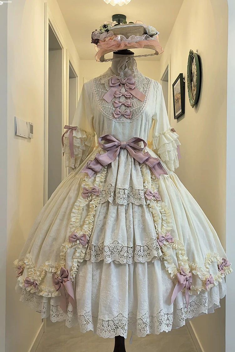 Ivory [Lilica Garden] Lapel Collar Short Trumpet Sleeves Ruffled Open-Front Bow Lace Sweet Elegant Luxurious Lolita Dress - Product - 9