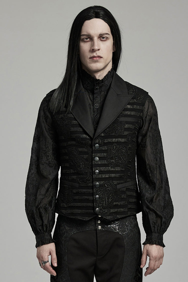 Black V Collar Jacquard Stripes Print Men's Gothic Vest - Black - 1
