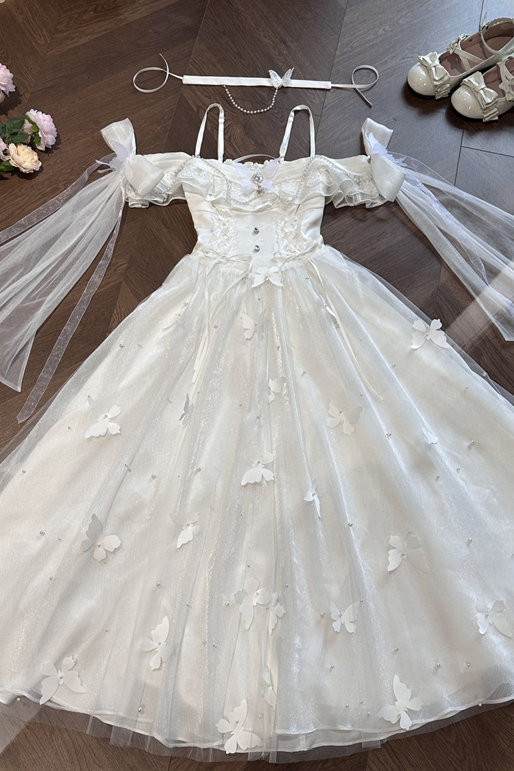 White [Summer Wind Chimes] 3D Butterfly Decoration Bowknot Sweet Lolita Jsk Dress - Product - 4