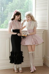 Pink/Apricot [Miss Lola] Stand Collar Short Sleeves Ruffle Bowknot Sweet Lolita Dress - Product - 13