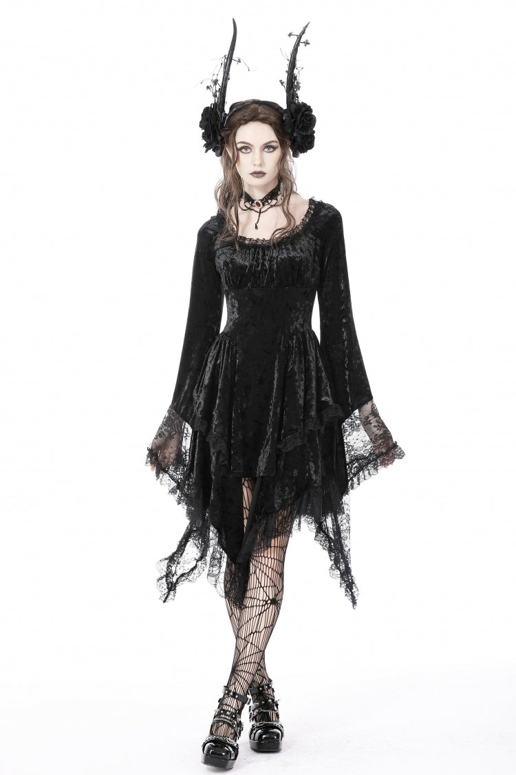 Black Irregular Long Trumpet Sleeves Lace Spliced Women's Gothic Velvet Graduation Dress - Black - 1