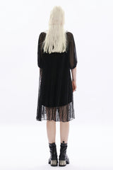 Black Long Puff Sleeves Cross Embroidery Loose Women's Gothic Dress - Product - 3