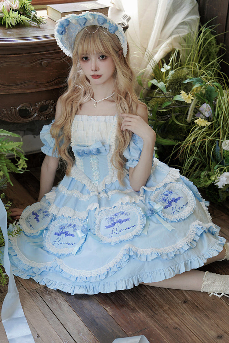 Blue [Butterfly Dream] Multi-Layered Print Ruffle Bowknot Sweet Princess Lolita Jsk Dress - Product - 2