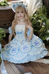Blue [Butterfly Dream] Multi-Layered Print Ruffle Bowknot Sweet Princess Lolita Jsk Dress - Product - 2