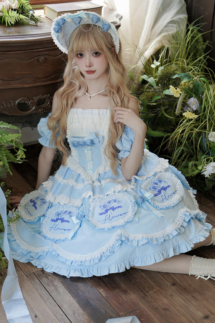 Blue [Butterfly Dream] Multi-Layered Print Ruffle Bowknot Sweet Princess Lolita Jsk Dress - Product - 2
