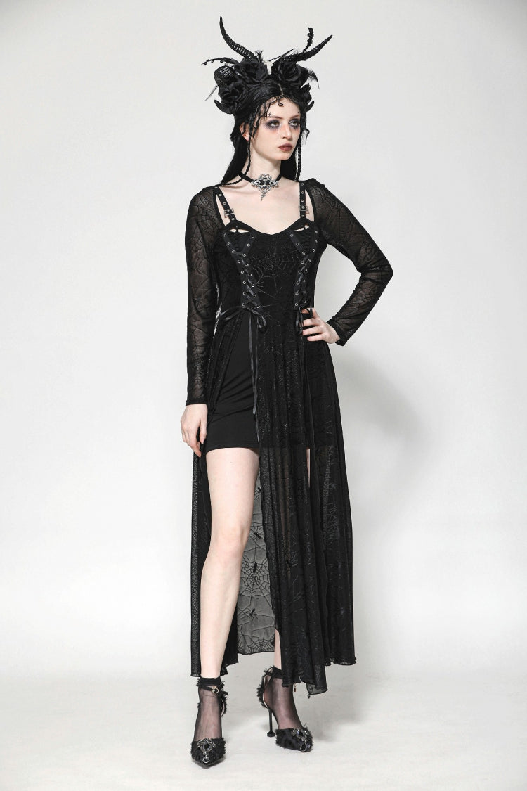 Black Long Sleeves Lace-Up Spiderweb Women's Gothic Elegant Witch Long Dress - Product - 8